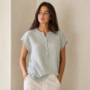 Faherty Women Organic Cotton Gauze Henley Short Sleeve Top Small